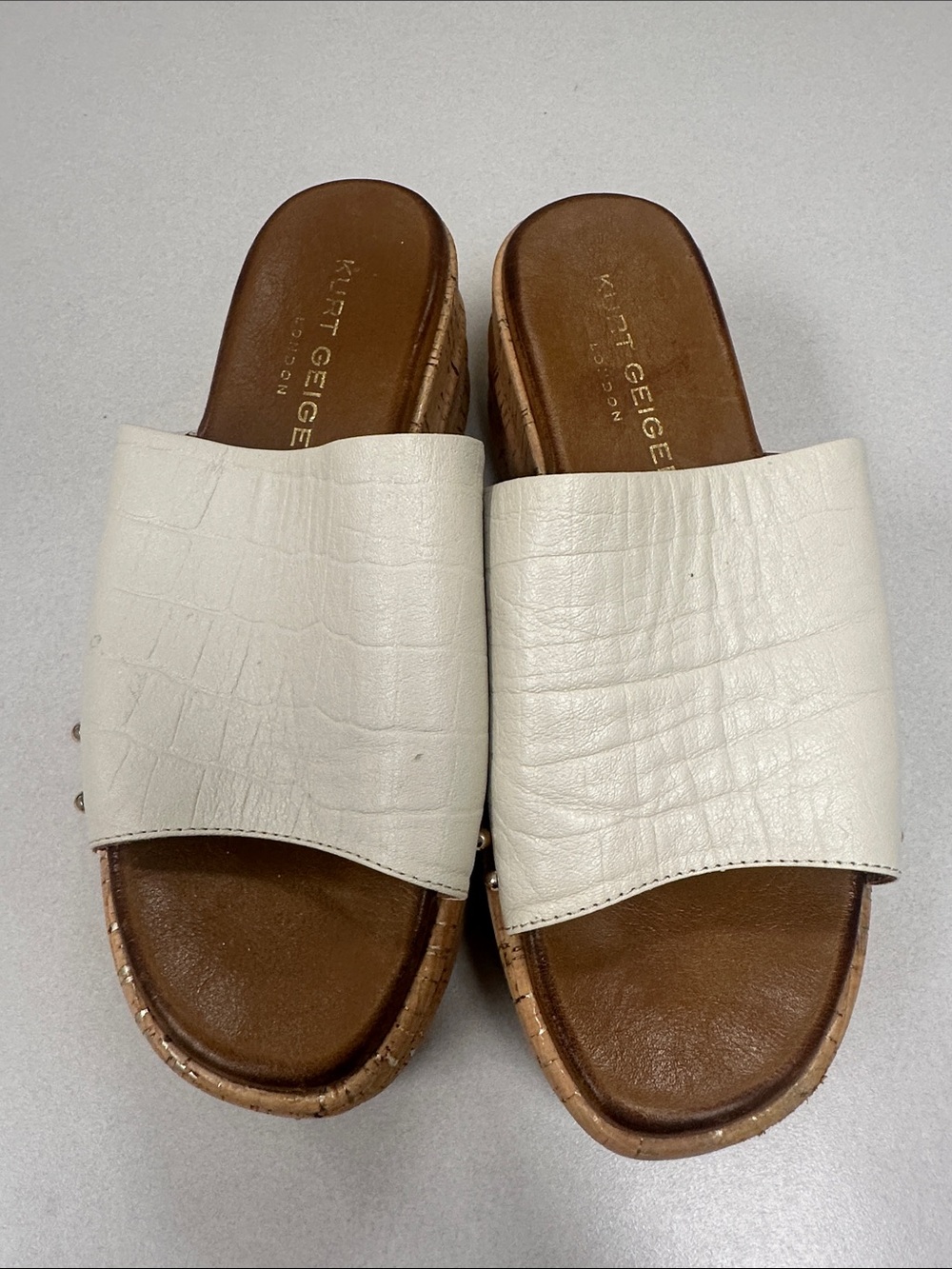 Kurt Geiger Cream Croc-Texture Leather Slide Sandals